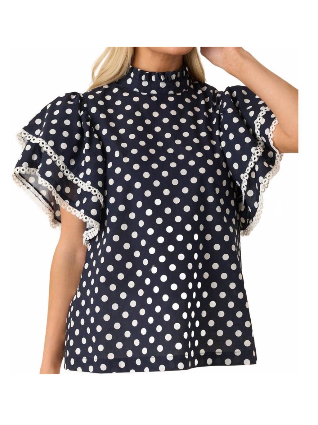 New Prosperina Blair Ruffle Top In Navy Polka Dot